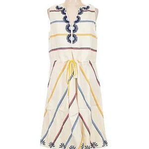 Tory Burch V-neck Fiesta Cream, Blue, & Yellow Embroidered Linen Dress sz 12